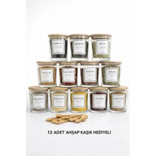 Denia Home | Mais | 12'li Bambu Vakum Kapaklı Etiket ve Kaşık Hediyeli Cam Saklama Kabı Baharatlık Seti 350 ml