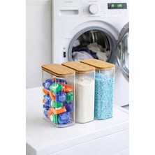 Denia Home 3 Adet 2,5 Litre Mega Boy Bambu Vakum Kapaklı Saklama Kabı Organizer Deterjanlık