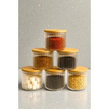 Denia Home | Borelia | 6'lı Bambu Kapaklı Çizgili Baharat- Kavanoz Takımı 490 Ml.
