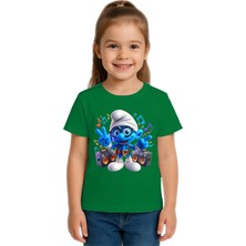 Sedirli Unisex Şirinler Baskılı Çocuk Tişört Pamuklu Penye Kumaş