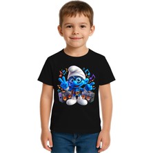 Sedirli Unisex Şirinler Baskılı Çocuk Tişört Pamuklu Penye Kumaş