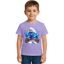 Sedirli Unisex Şirinler Baskılı Çocuk Tişört Pamuklu Penye Kumaş