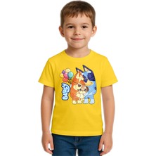 Sedirli Unisex Bluey Baskılı Çocuk Tişört Pamuklu Penye Kumaş
