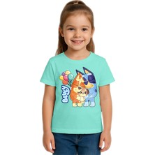 Sedirli Unisex Bluey Baskılı Çocuk Tişört Pamuklu Penye Kumaş