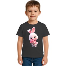 Sedirli Unisex Tavşan Rabbit Baskılı Çocuk Tişört Pamuklu Penye Kumaş