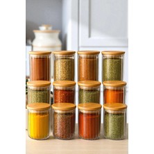 Denia Home |borelia| 12'li Çizgili Cam Etiket Hediyeli Baharat Takımı Vakumlu Bambu Kapaklı Saklama Kabı 850ML