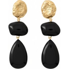 Damla Siyah Renk Mermer Gold Küpe