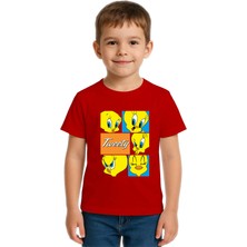 Sedirli Unisex Tweety Baskılı Çocuk Tişört Pamuklu Penye Kumaş