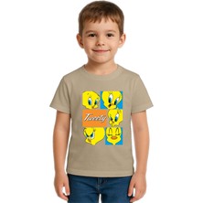 Sedirli Unisex Tweety Baskılı Çocuk Tişört Pamuklu Penye Kumaş