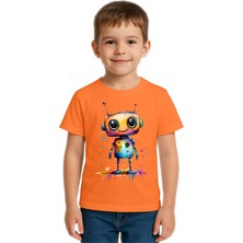 Sedirli Unisex Robot Baskılı Çocuk Tişört Pamuklu Penye Kumaş