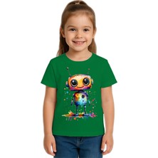 Sedirli Unisex Robot Baskılı Çocuk Tişört Pamuklu Penye Kumaş