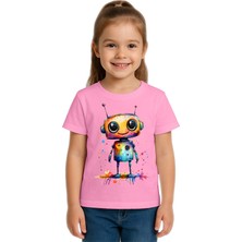 Sedirli Unisex Robot Baskılı Çocuk Tişört Pamuklu Penye Kumaş