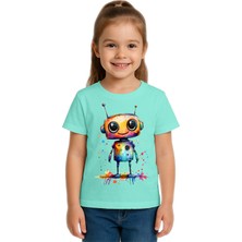 Sedirli Unisex Robot Baskılı Çocuk Tişört Pamuklu Penye Kumaş