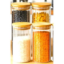 Denia Home | Borelia | 4'lü Bambu Kapaklı Jumbo Boy Çizgili Baharat- Kavanoz Takımı 1300 Ml.