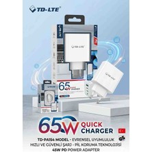 Td-Lte 65W Gan Hızlı Şarj Cihazı - Pd 45W + 20W Çift Usb-C ve Usb-A Girişli Adaptör (TD-PA154)