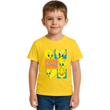 Sedirli Unisex Tweety Baskılı Çocuk Tişört Pamuklu Penye Kumaş