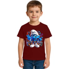 Sedirli Unisex Şirinler Baskılı Çocuk Tişört Pamuklu Penye Kumaş