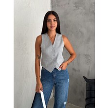 Boom Bester Kadın Astarlı Yelek Açık Gri– Düğmeli Şık Spor Tarz Yelek Poliviskon Kumaş