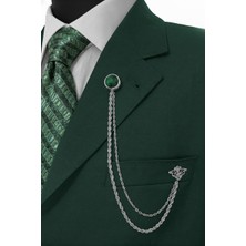 Gold Renk Yeşil Taşlı Ceket & Damatlık & Blazer Zincirli Yaka Aksesuarı