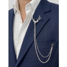 Gümüş Renk Geyik Figürlü Ceket & Damatlık & Blazer Zincirli Yaka Aksesuarı & Iğnesi
