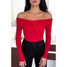 Kadın Madonna Yaka Düğüm Detaylı Uzun Kollu Drapeli Bluz 10125