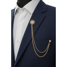 Gold Renk Yuvarlak Figür Beyaz Taşlı Ceket & Damatlık & Blazer Zincirli Yaka Aksesuarı