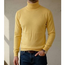 Sdnyazo Premium Erkek Açık Sarı Kaşmir ve Yünlü Tam Balıkçı Yaka Slim Fit Triko Kazak