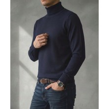 Sdnyazo Premium Erkek Koyu Lacivert Pamuklu Tam Balıkçı Yaka Slim Fit Triko Kazak
