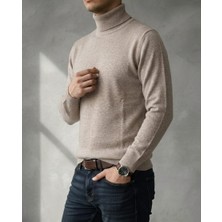 Sdnyazo Premium Erkek Koyu Bej Melanj Pamuklu Tam Balıkçı Yaka Slim Fit Triko Kazak