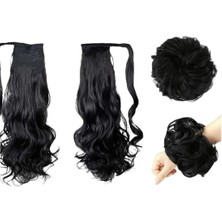 Özbience Koyu Siyah Dalgalı ve Topuz Lastikli Set, 60 Cm, Iki Parça