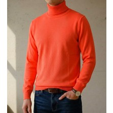 Sdnyazo Premium Erkek Fosfor Turuncu Kaşmir ve Yünlü Tam Balıkçı Yaka Slim Fit Triko Kazak