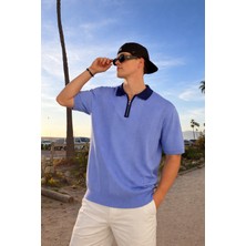 Damga Erkek Çizgili Fermuarlı Mavi Polo Yaka T Shirt