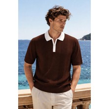 Damga Erkek Trend Fermuarlı Kahve Triko Polo Yaka T Shirt