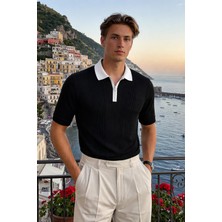 Damga Erkek Fermuarlı Çizgili Triko Siyah Polo Yaka T Shirt