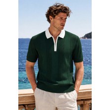 Damga Erkek Trend Fermuarlı Yeşil Triko Polo Yaka T Shirt