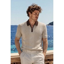 Damga Erkek Trend Fermuarlı Krem Triko Polo Yaka T Shirt