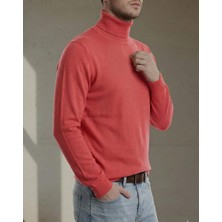 Sdnyazo Premium Erkek Açık Pembe Kaşmir ve Yünlü Tam Balıkçı Yaka Slim Fit Triko Kazak