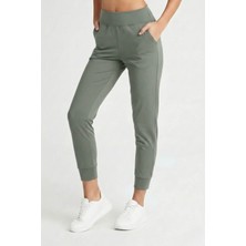 Emfure Kadın Haki Çift Cepli Yüksek Bel Lastikli Rahat Kesim Jogger Eşofman Altı