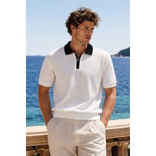Damga Erkek Trend Fermuarlı Beyaz Triko Polo Yaka T Shirt