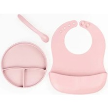 MiraLive Pembe 3’lü Silikon Yemek Seti – Önlük + Diş Kaşıyıcılı Kaşık + Vakumlu Tabak