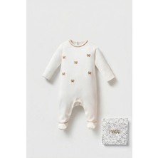 Magu Unisex Bebek Pamuklu Ekru Nakışlı Tulum - Uzun Kollu Çıtçıtlı
