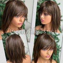 Özbience Lüks Ithal Fiber Kısa Kahküllü Kadın Peruk, Isıya Dayanıklı, Çikolata Kahve