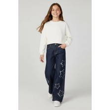 Dmb Boys & Girls Kız Çocuk Pamuklu Yıldız Işlemeli Geniş Paça Kot Pantolon Lacivert