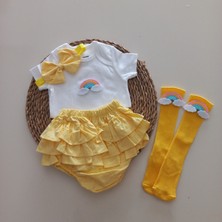 MARS BABY Kız Bebek Sarı Gökkuşaklı Fırfır Şort Etek Bodyli Çorap Takımı