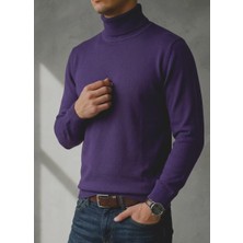 Sdnyazo Premium Erkek Koyu Mor Kaşmir ve Yünlü Tam Balıkçı Yaka Slim Fit Triko Kazak