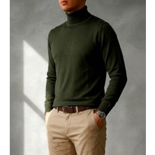 Sdnyazo Premium Erkek Haki Pamuklu Tam Balıkçı Yaka Slim Fit Triko Kazak