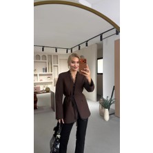 Qimya Butik 4s Women Kadın Yaka Içi ve Manşeti Dantel Detaylı Ip Kuşaklı Poliviskon Basic Ceket