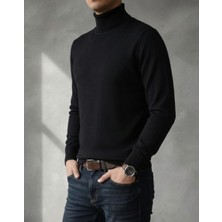 Sdnyazo Premium Erkek Siyah Pamuklu Tam Balıkçı Yaka Slim Fit Triko Kazak