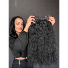 Özbience Siyah Kıvırcık Yarımay Saç Seti +2 Yan Çıtçıt, Fönlenebilir, Gerçek Saç