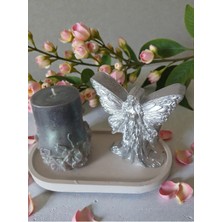 Doğal Gümüş El Yapımı Melek  Figürlü Dekoratif Mum Seti – Ikili Set & Beton Tepsi Dahil